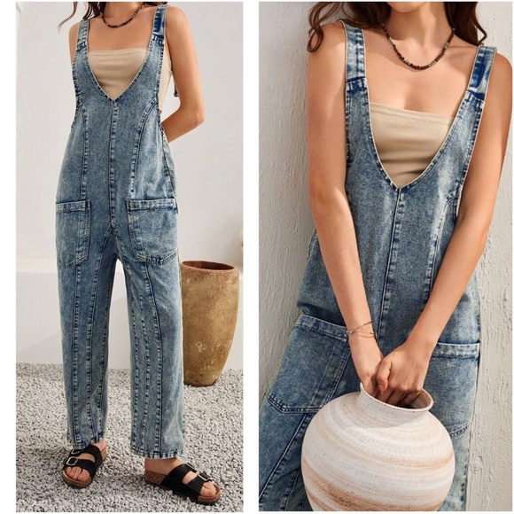 Vintage Wash Pocket oversized Jean Denim Overalls - Picture 4 of 5